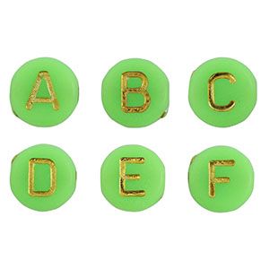 Abalorios letras acr&iacute;licas mix Verde ne&oacute;n-oro
