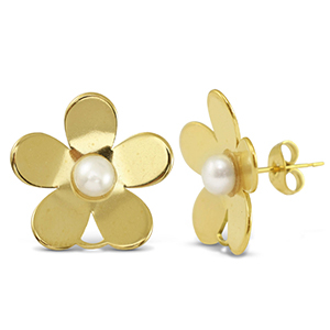 Pendientes Acero Inox perlas flor con anilla Dorado