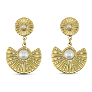 Pendientes Acero Inox abanico con imitaci&oacute;n de perlas Dorado