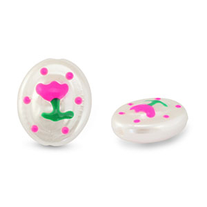 Abalorios acr&iacute;licos &oacute;valo con flor Perla-rosa-verde