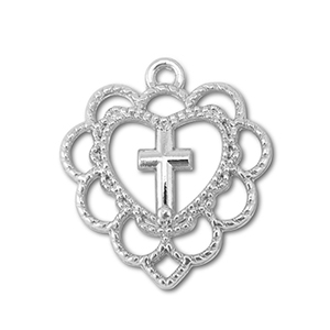 Colgantes met&aacute;licos coraz&oacute;n con cruz Plateado