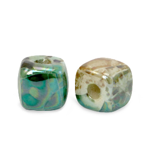 Abalorios de cer&aacute;mica griega DQ cubo 8mm Pavo real verde-beige marr&oacute;n