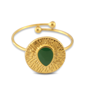Anillos Acero Inox esmalte redondos con gota Dorado-verde oscuro