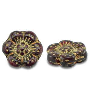 Abalorios Checos boho flower 14mm Transparente rojo-dorado