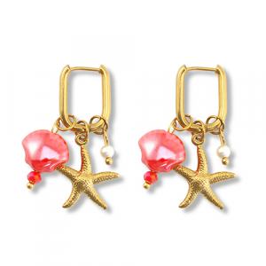 Pendientes Acero Inox estrella de mar & conchas Dorado-rojo-blanco