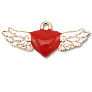 Colgantes met&aacute;licos esmalte coraz&oacute;n con ala Dorado-rojo-blanco