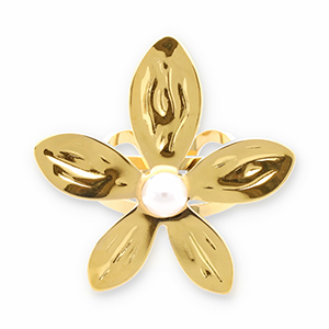 Anillos Acero Inox flor con perla Dorado-blanco