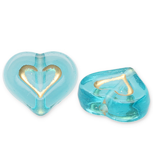 Abalorios acr&iacute;licos coraz&oacute;n Azul verdoso-dorado
