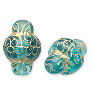 Abalorios acr&iacute;licos &oacute;valo con flor Azul verdoso-dorado