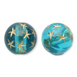 Abalorios acr&iacute;licos 10 mm redondos con estrellas Azul verdoso-dorado