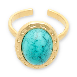 Anillos Acero Inox con imitaci&oacute;n de piedra natural Dorado-turquesa
