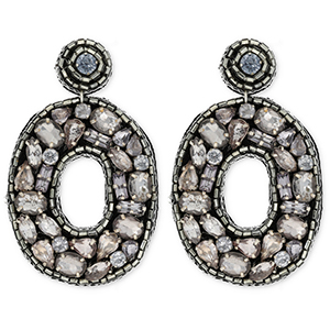 Pendientes trendy con abalorios de vidrio &oacute;valo negro-plateado-azul claro