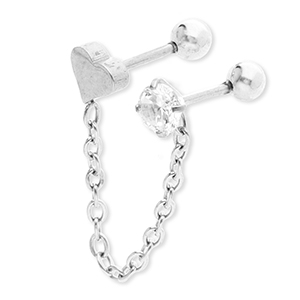 Piercing oreja Acero Inox coraz&oacute;n con cadena & strass Plateado-cristal