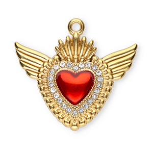 Colgantes Acero Inox sagrado coraz&oacute;n con ala Dorado-rojo-cristal