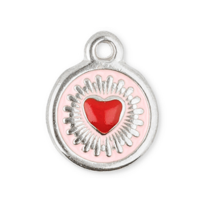 Colgantes Acero Inox redondos con coraz&oacute;n Plateado-rojo-rosa claro