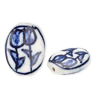 Abalorios de cer&aacute;mica &oacute;valo con tulipanes Blancuzco-azul Delfts