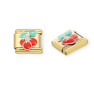 Acero Inox link-eslab&oacute;n para pulsera italiana con dijes Acero Inox cerezas Dorado-rojo-verde