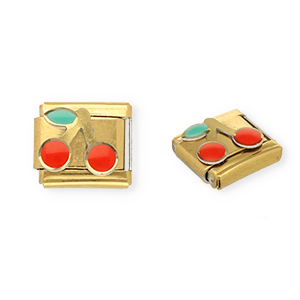 Acero Inox link-eslab&oacute;n para pulsera italiana con dijes Acero Inox cerezas Dorado-rojo-verde