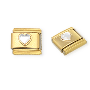 Acero Inox link-eslab&oacute;n para pulsera italiana con dijes Acero Inox coraz&oacute;n con strass Dorado-cristal