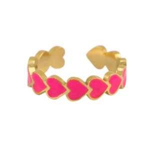 Anillos Acero Inox  esmalte coraz&oacute;n Magenta-dorado