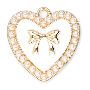 Colgantes met&aacute;licos coraz&oacute;n con perlas y lazo Dorado-blanco