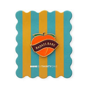 BY31&reg; Pin "Badass babe" en una tarjeta Azul verdoso-naranja quemado-rosa salm&oacute;n-burdeos-dorado