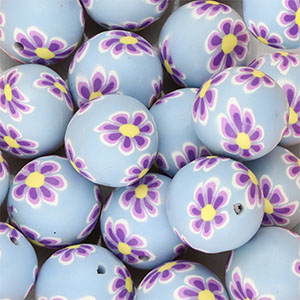 Abalorios de silicona 18mm redondos con flores pintadas a mano Azul claro-p&uacute;rpura-amarillo