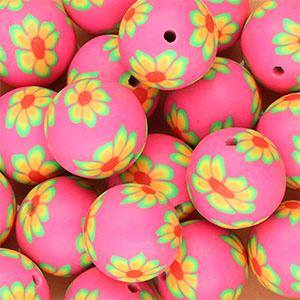 Abalorios de silicona 18mm redondos con flores pintadas a mano Rosa n&eacute;on-verde-naranja-rojo
