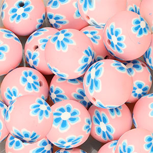 Abalorios de silicona 18mm redondos con flores pintadas a mano Rosa-azul oscuro-blanco